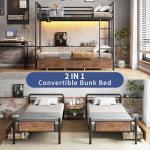 Jocoevol Metal LED Bunk Bed Twin Over Twin with 2 Storage Drawers, USB Charging Station, Industrial Bunkbeds Heavy Duty Bed with Safety Guardrail and Ladder, No Box Spring Needed, Vintage Brown