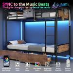 Jocoevol Metal LED Bunk Bed Twin Over Twin with 2 Storage Drawers, USB Charging Station, Industrial Bunkbeds Heavy Duty Bed with Safety Guardrail and Ladder, No Box Spring Needed, Vintage Brown