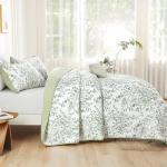 WONGS BDEEING Quilt Queen Size, Sage Green Quilt Bedding Set with 2 Pillowcases, Botanical Quilt for Queen Bed, Soft Microfiber Lightweight Coverlet Bedspread for All Season (96"×90", 3 Pieces)