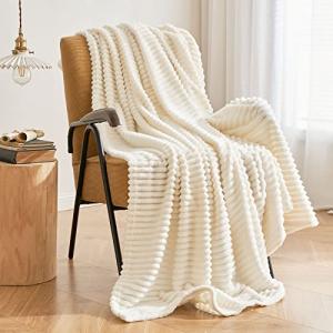 MIULEE Cream White Throw Blanket 3D Ribbed Jacquard Fleece Flannel Velvet Plush Decorative Bed Blanket (Throw, 50" x 60") - Super Soft, Lightweight, Warm and Cozy for Couch Sofa, Room Home Dorm Decor