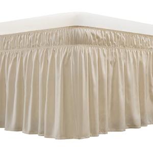 MEILA Wrap Around Bed Skirt Three Fabric Sides Elastic Dust Ruffled 16 Inch Tailored Drop,Easy to Install Fade Resistant-Beige, Queen/King
