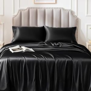 FreshCulture Satin Sheets Queen Size Bed Set- 4 Piece Luxury Soft Silky Queen Sheet Set, Similar to Silk Bed Sheets with 1 Deep Pocket Fitted Sheet, 1 Flat Sheet & 2 Pillowcases (Black)
