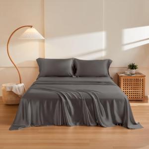 THXSILK Silk Sheet Set 4Pcs, 6A+ Top 100% Natural Mulberry Silk Bed Sheets, Breathable Cooling Luxury Bedding Sets Ultra Soft Durable, 1 Fitted Sheet, 1 Flat Sheet and 2 Pillow Shams (King, Charcoal)