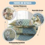 NEWLAKE Quilt Set Queen Size, 100% Cotton Patchwork Green Bohemian Quilt Sets, Reversible Bedspread Lightweight and Breathable for All Seasons, Soft Quilted Bedspread with 2 Pillow Shams