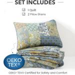 NEWLAKE Quilt Set Queen Size, 100% Cotton Patchwork Green Bohemian Quilt Sets, Reversible Bedspread Lightweight and Breathable for All Seasons, Soft Quilted Bedspread with 2 Pillow Shams