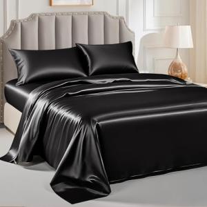FreshCulture Satin Sheets Queen Size Bed Set- 4 Piece Luxury Soft Silky Queen Sheet Set, Similar to Silk Bed Sheets with 1 Deep Pocket Fitted Sheet, 1 Flat Sheet & 2 Pillowcases (Black)