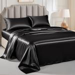 FreshCulture Satin Sheets Queen Size Bed Set- 4 Piece Luxury Soft Silky Queen Sheet Set, Similar to Silk Bed Sheets with 1 Deep Pocket Fitted Sheet, 1 Flat Sheet & 2 Pillowcases (Black)
