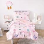 Wake In Cloud - Butterfly Toddler Bedding Set for Girls, Cute Colorful Butterfly with Floral Flowers, 4 Pieces Soft Crib Bed Set Including Comforter, Sheets and Pillowcase, Pink