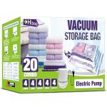 HIBAG Vacuum Storage Bags with Electric Pump, Vacuum Seal Space Saver Bags for Clothes, Clothing, Pillows, Blanket Bedding Comforters, Combo 20 pack