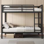 Feonase Metal Twin Over Twin Bunk Bed with Ladder and High Guardrail, Heavy-Duty Metal Slats Support, Noise Free, No Box Spring Needed, for Kids and Juniors, Black