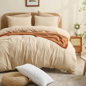 MEISHANG Muslin Duvet Cover Queen Size - 100% Organic Cotton, Soft Textured Gauze Weave Comforter Cover for Breathable All-Season with Zipper Closure - 3 Piece Set (Queen, Linen)