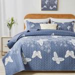Yogeneg Full Queen Size Quilt Set,White Butterfly Botanical Pattern Blush Grey Bedding Set,3 Piece Lightweight Soft Summer Bedspread Coverlet with 2 PIillow Sham for All Season(Butterfly,90"x96")