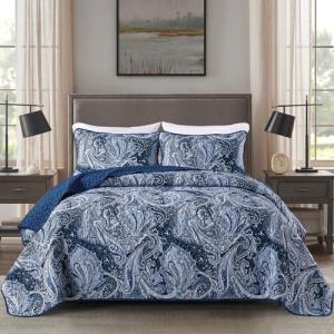 DJY Navy Paisley Quilt Set Queen Boho Bedspread Coverlet Set 3 Pieces, Soft Lightweight Microfiber Navy Blue Paisley Floral Pattern Bedding for All Season, 96"x90"