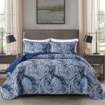DJY Navy Paisley Quilt Set Queen Boho Bedspread Coverlet Set 3 Pieces, Soft Lightweight Microfiber Navy Blue Paisley Floral Pattern Bedding for All Season, 96"x90"