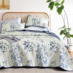 WONGS BEDDING Blue Floral Quilt Set Queen,Botanical Leaf & Butterfly Pattern Quilts Bedspread Coverlet Set,Soft Beautiful Farmhouse Plants Quilts Bedding Set