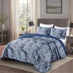 DJY Navy Paisley Quilt Set Queen Boho Bedspread Coverlet Set 3 Pieces, Soft Lightweight Microfiber Navy Blue Paisley Floral Pattern Bedding for All Season, 96"x90"