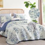 WONGS BEDDING Blue Floral Quilt Set Queen,Botanical Leaf & Butterfly Pattern Quilts Bedspread Coverlet Set,Soft Beautiful Farmhouse Plants Quilts Bedding Set