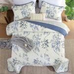 WONGS BEDDING Blue Floral Quilt Set Queen,Botanical Leaf & Butterfly Pattern Quilts Bedspread Coverlet Set,Soft Beautiful Farmhouse Plants Quilts Bedding Set