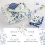 WONGS BEDDING Blue Floral Quilt Set Queen,Botanical Leaf & Butterfly Pattern Quilts Bedspread Coverlet Set,Soft Beautiful Farmhouse Plants Quilts Bedding Set