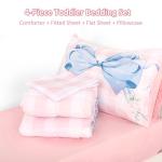 DILIMI Toddler Bedding Set for Girls, Pink Gingham Bow Toddler Comforter Set, 4 Pieces Soft Toddler Bed Set Include Comforter, Fitted Sheet, Flat Sheet, Pillowcase, Pink Checkered