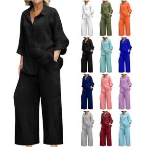 Linen Sets for Women 2 Piece Long Sleeve Collared Button Down Shirts Wide Leg Cotton Breathable Pants Suits with Pockets Plus Size Summer Casual Two pc Outfits Black Piece Sets Summer Dressy L