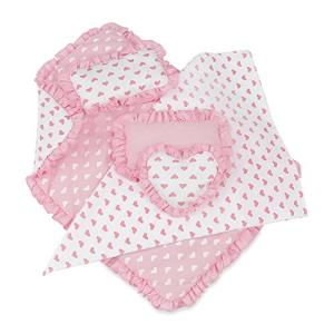Emily Rose 18-Inch Doll Reverisble Pink Hearts 5-PC Bedding Bundle Set for Toy Beds Bunks Cribs & Cradles | Fits 15" - 18" Doll Bunkbeds - Blanket Pillows Accessories Bed Playset | USA Business