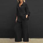 Linen Sets for Women 2 Piece Long Sleeve Collared Button Down Shirts Wide Leg Cotton Breathable Pants Suits with Pockets Plus Size Summer Casual Two pc Outfits Black Piece Sets Summer Dressy L
