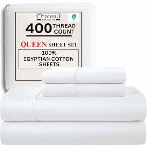 100% Egyptian Cotton Sheets Queen Size Bed Set, Deep Pocket Queen Sheet Set, 400 Thread Count Cotton Bed Sheets, Naturally Cool Soft Breathable No Pill Elasticated Luxury White Bedding For All Seasons