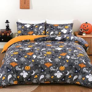 WONGS BEDDING Halloween Duvet Cover Set Twin, 3 Pieces Grey Bat Pumpkin Comforter Cover Set with 1 Pillowcase Ghost Festival Themed Bedding Set Twin 68" x 86"(Not Comforter)