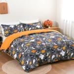 WONGS BEDDING Halloween Duvet Cover Set Twin, 3 Pieces Grey Bat Pumpkin Comforter Cover Set with 1 Pillowcase Ghost Festival Themed Bedding Set Twin 68" x 86"(Not Comforter)