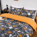 WONGS BEDDING Halloween Duvet Cover Set Twin, 3 Pieces Grey Bat Pumpkin Comforter Cover Set with 1 Pillowcase Ghost Festival Themed Bedding Set Twin 68" x 86"(Not Comforter)