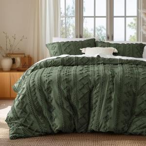 Bedsure Boho Kids Duvet Cover Queen Size(Duvet Insert/Comforter not Included - Tufted Duvet Cover Queen for All Seasons,Soft Shabby Chic Boho Bedding (Olive Green, 90" x 90")
