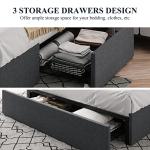 Allewie Queen Size Platform Bed Frame with 3 Storage Drawers, Fabric Upholstered, Wooden Slats Support, No Box Spring Needed, Noise Free, Easy Assembly, Dark Grey