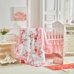 3 Pieces Flowers Crib Bedding Set Baby Ruffled Quilted Comforter with Fitted Sheet and Bed Skirt - Cute Ruffled Shabby Chic Baby Bedding Soft Blanket Floral Design