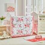 3 Pieces Flowers Crib Bedding Set Baby Ruffled Quilted Comforter with Fitted Sheet and Bed Skirt - Cute Ruffled Shabby Chic Baby Bedding Soft Blanket Floral Design