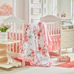 3 Pieces Flowers Crib Bedding Set Baby Ruffled Quilted Comforter with Fitted Sheet and Bed Skirt - Cute Ruffled Shabby Chic Baby Bedding Soft Blanket Floral Design