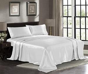 Pure Bedding Satin Sheets King [4-Piece, White] Hotel Luxury Silky Bed Sheets - Extra Soft 1800 Microfiber Sheet Set, Wrinkle, Fade, Deep Pocket Fitted Sheet, Flat Sheet, Pillow Cases