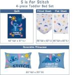 NoJo Disney S is for Stitch 4 Piece Toddler Bed Set Includes a Comforter, Fitted Bottom Sheet, Flat top Sheet, and Reversible Pillowcase. Features Fun and Playful Stitch in a Tropical Pattern