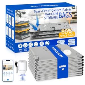 Bfhosehold 8 Pack Tear-Proof Jumbo Vacuum Storage Bags with Pump, Oxford Fabric Reusable Space Saver Extra Large Vacuum Seal Bags for Clothing, Bedding, Travel Luggage, Blankets and Comforters