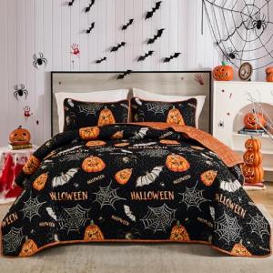 DJY Halloween Quilt Set King Pumpkin Holiday Bedspread with Spider Cobweb Bat Pattern, Lightweight Festive Theme Bedding Set Reversible Bed Cover for Home Bedroom Decoration(110''x90'')