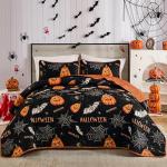 DJY Halloween Quilt Set King Pumpkin Holiday Bedspread with Spider Cobweb Bat Pattern, Lightweight Festive Theme Bedding Set Reversible Bed Cover for Home Bedroom Decoration(110''x90'')