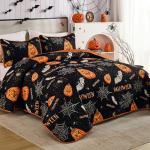 DJY Halloween Quilt Set King Pumpkin Holiday Bedspread with Spider Cobweb Bat Pattern, Lightweight Festive Theme Bedding Set Reversible Bed Cover for Home Bedroom Decoration(110''x90'')