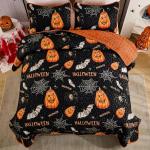 DJY Halloween Quilt Set King Pumpkin Holiday Bedspread with Spider Cobweb Bat Pattern, Lightweight Festive Theme Bedding Set Reversible Bed Cover for Home Bedroom Decoration(110''x90'')