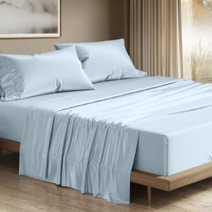 THREAD SPREAD 100% Egyptian Cotton King Size Sheets Set - Luxury 1200 Thread Count Egyptian Cotton Sheets King Size, 17" Deep Pocket, Soft, Cooling Sateen Weave Hotel Quality Bedding Set - Light Blue