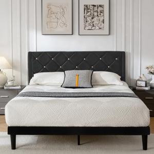 DUMGTIF Queen Size Platform Bed Frame with Velvet Upholstered Headboard and Sturdy Wooden Slats Support,Mattress Foundation,Easy Assembly, No Box Spring Needed,Slip Resistant (Black, Queen)