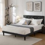 DUMGTIF Queen Size Platform Bed Frame with Velvet Upholstered Headboard and Sturdy Wooden Slats Support,Mattress Foundation，Easy Assembly, No Box Spring Needed,Slip Resistant (Black, Queen)