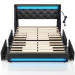 Rolanstar Full Bed Frame with LED Lights and Charging Station, PU Leather Bed with Drawers, Wooden Slats, Noise Free, Easy Assembly, Black