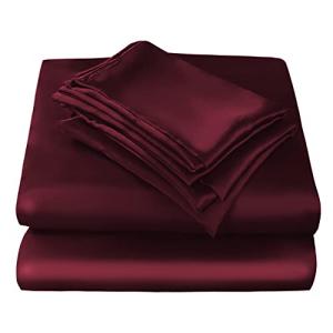 JSD Burgundy Satin Sheet Set Full Size, 4 Piece Silky Bed Sheets Extra Deep Pocket, Good for Hair and Skin