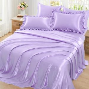 Homiest Ruffled Satin Sheets Full Size 6pc Set - Lavender Purple Bed Sheet Set with 15 Inch Deep Pocket Fitted Sheet, 1 Flat Sheet, 2 Ruffled Pillow Shams & 2 Pillowcases, Similar to Silk Sheets
