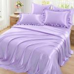 Homiest Ruffled Satin Sheets Full Size 6pc Set - Lavender Purple Bed Sheet Set with 15 Inch Deep Pocket Fitted Sheet, 1 Flat Sheet, 2 Ruffled Pillow Shams & 2 Pillowcases, Similar to Silk Sheets